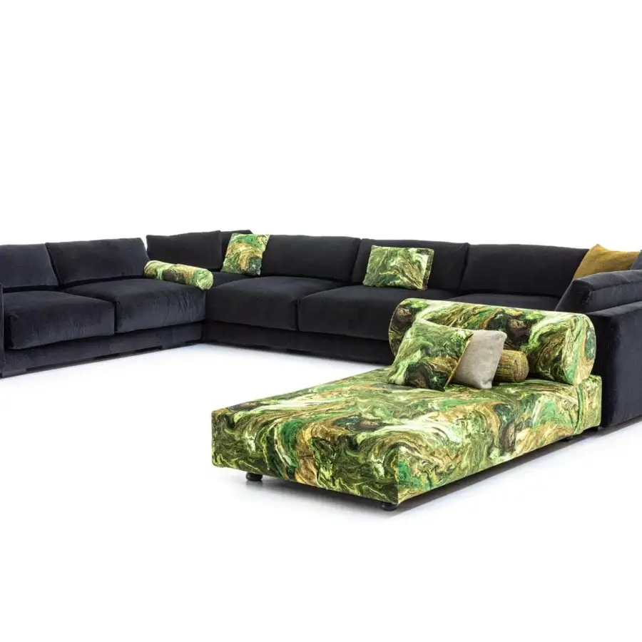 Distinguished Moroso Salon Nanà sectional with dark corduroy textile upholstery and swirling patterned cushions built with stained beech feet