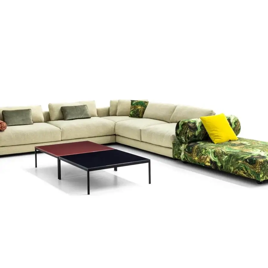 Exceptional Moroso Salon Nanà sectional with light beige textile upholstery, olive green and marbled accent pillows, built with solid beech feet