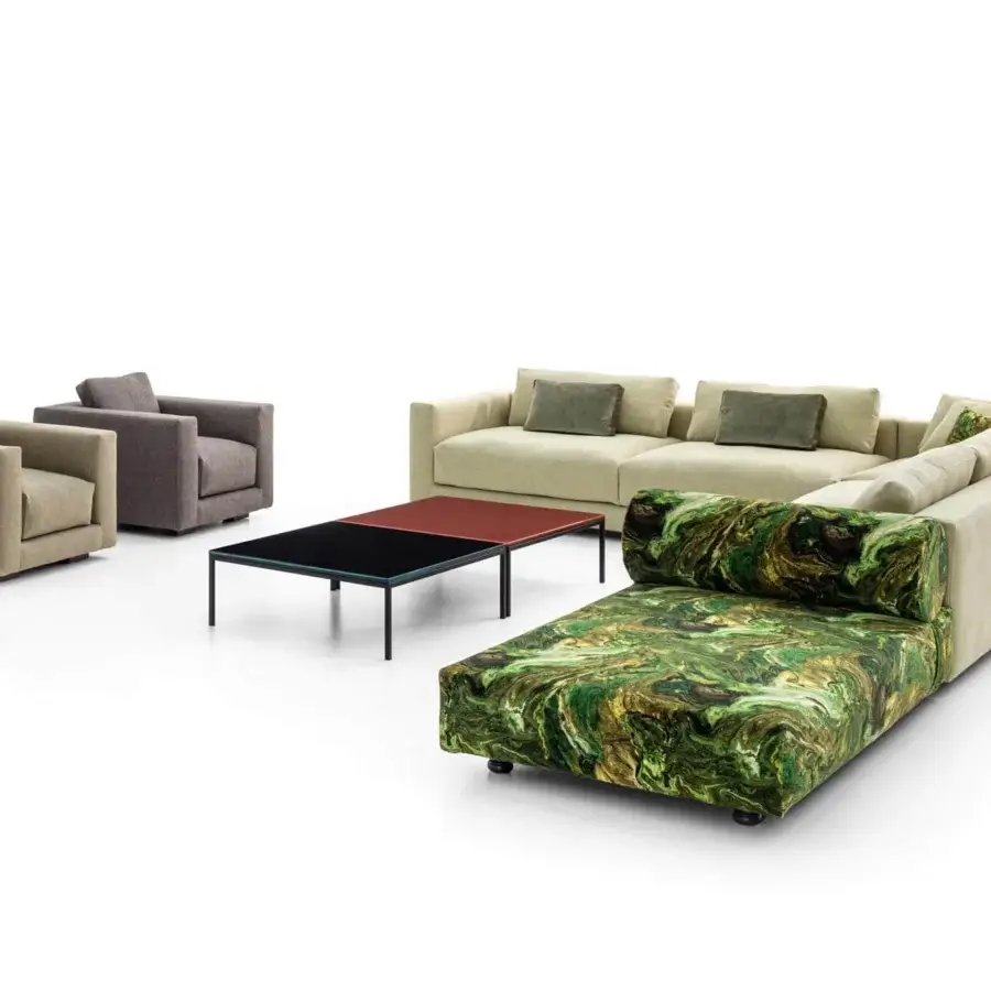 Superior Moroso Salon Nanà sectional with beige textile upholstery, swirling green marble-patterned chaise and solid beech feet