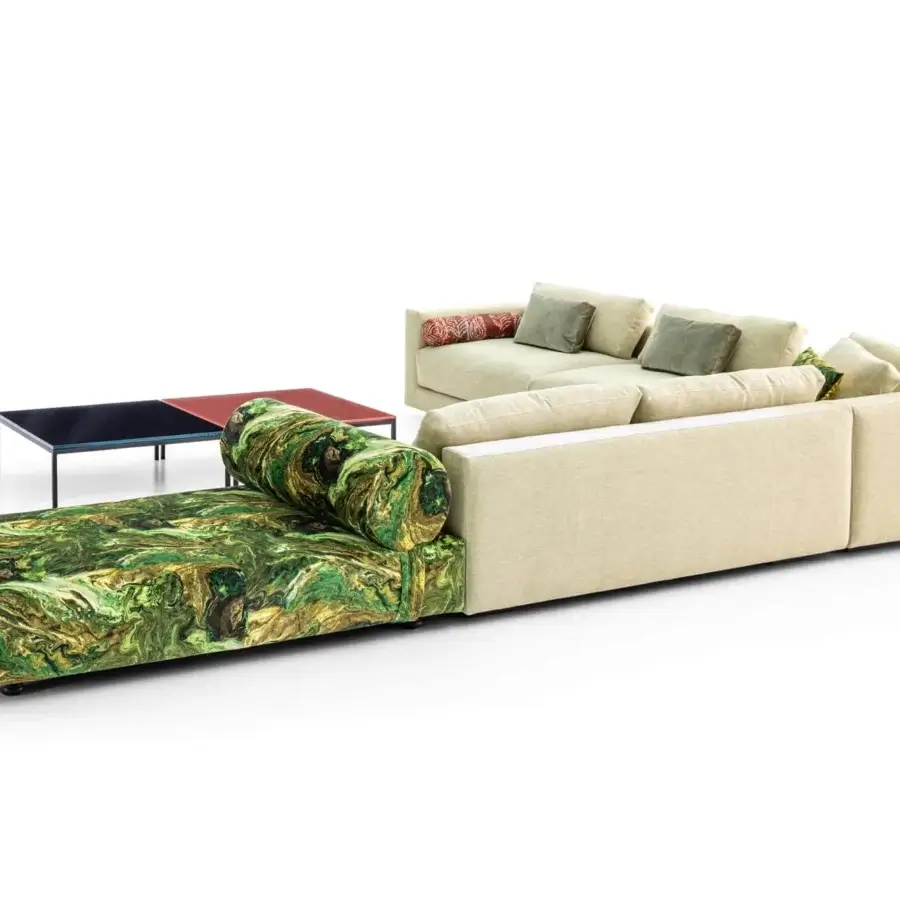Distinguished Moroso Salon Nanà sectional with light beige textile, a swirling green and brown patterned chaise, plus stained beech feet