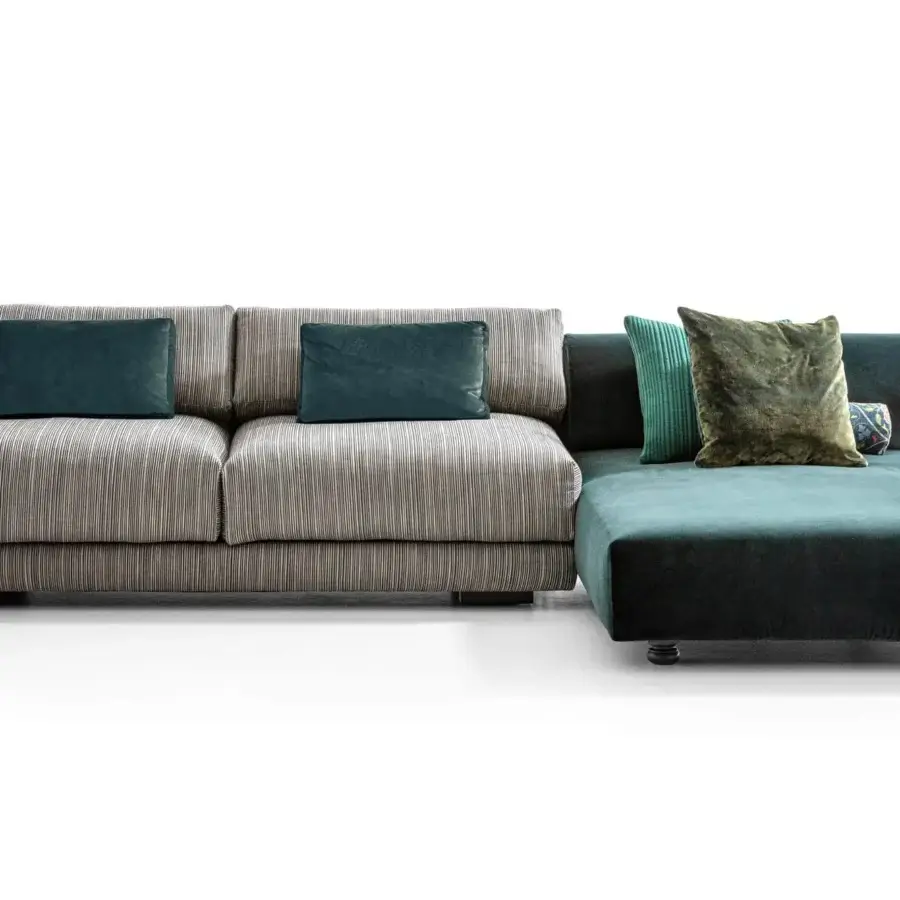 Exceptional Moroso Salon Nanà sectional with vertically striped textile, dark teal velvet and subtly stained solid beech feet