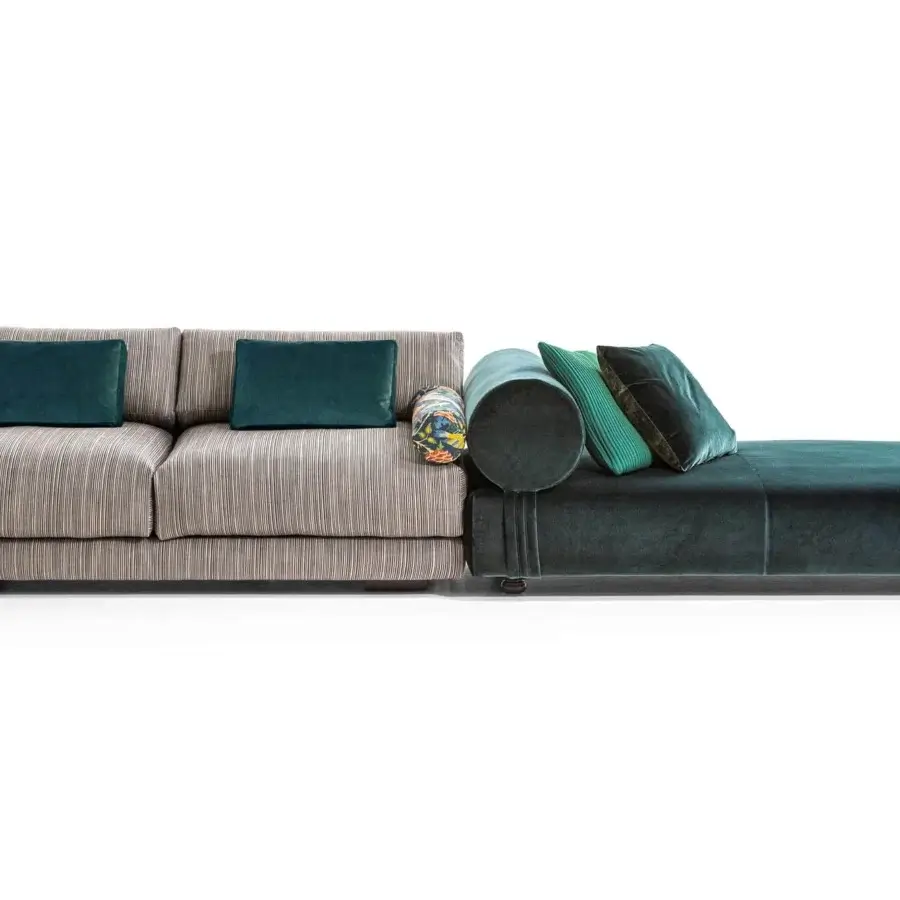 Lavish Moroso Salon Nanà sectional with beige and gray striped textile, a dark green velvet chaise, beech feet and floral cushions