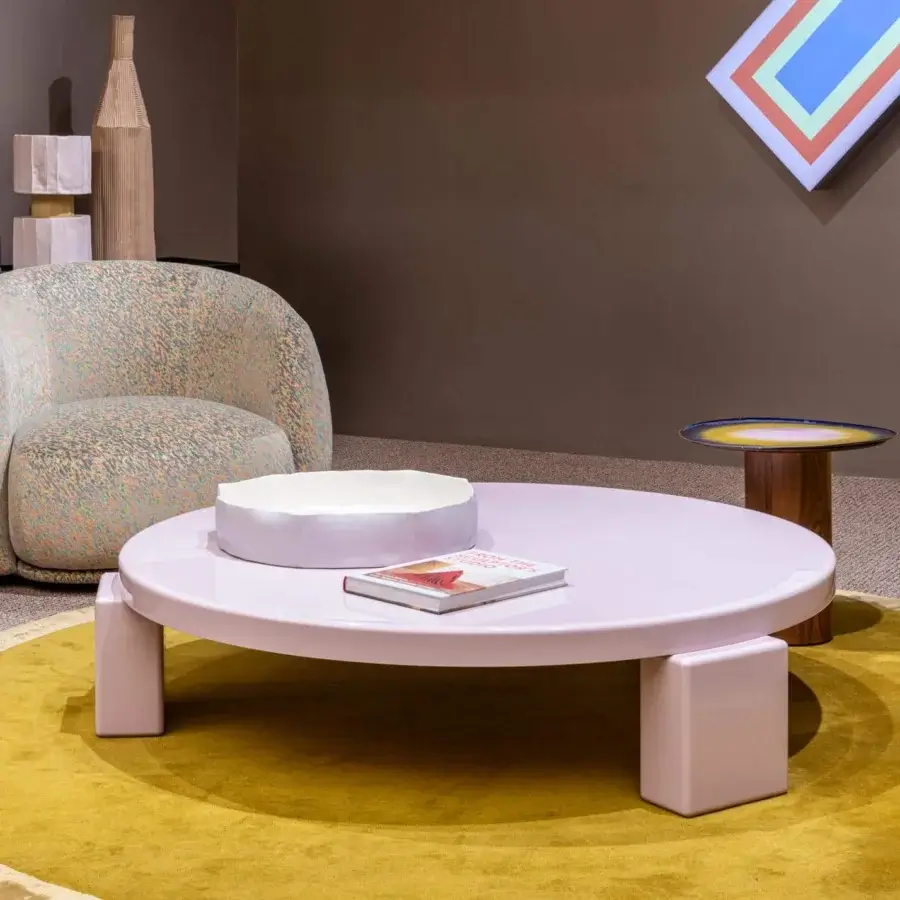 Distinguished Moroso Shiny Gogan coffee table crafted with polymeric and wooden materials, light pink glossy lacquered finish
