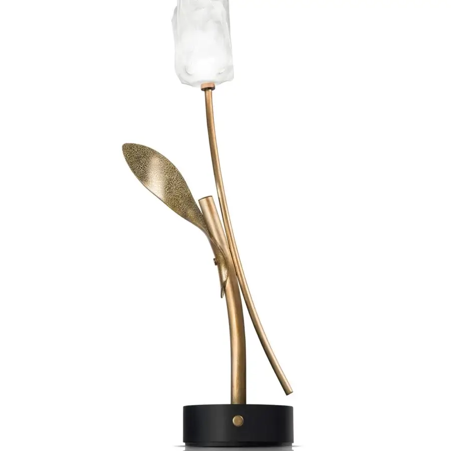 Exceptional Slamp Tulip Battery lamp crafted in white Lentiflex and anodized aluminum with a brass-colored stem and gold cracklé leaf