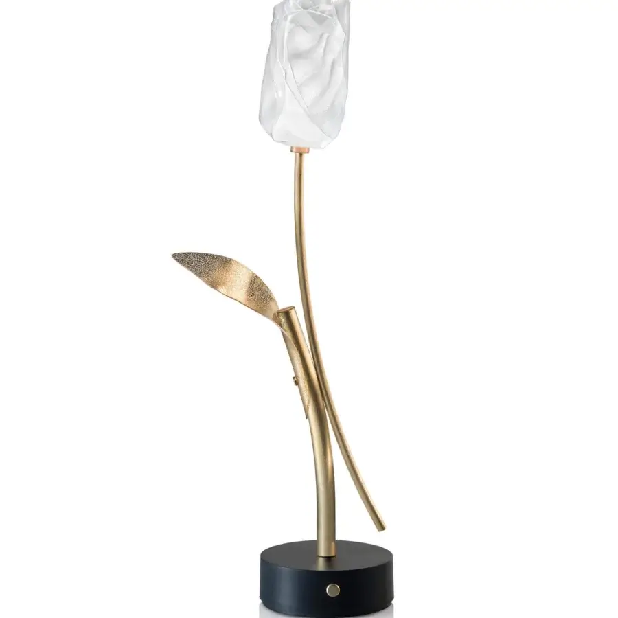 Superior Slamp Tulip Battery lamp with a black base, gold cracklé leaf, and luminous white Lentiflex construction