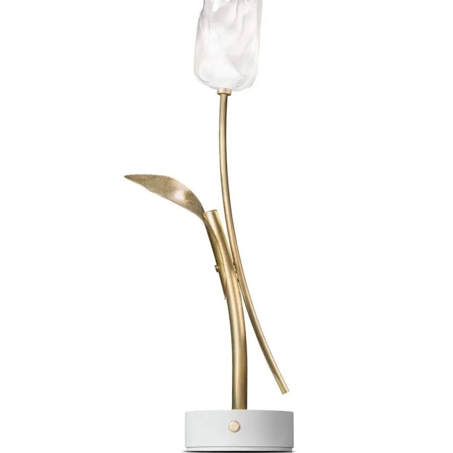 Elegant Slamp Tulip Battery lamp crafted in matte white Lentiflex with an anodized aluminum stem and golden leaf accent