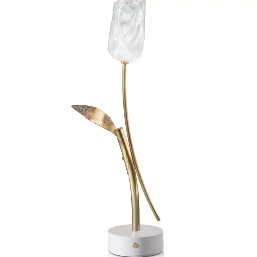 Distinguished Slamp Tulip Battery lamp crafted in white Lentiflex with a gold cracklé leaf anodized aluminum stem