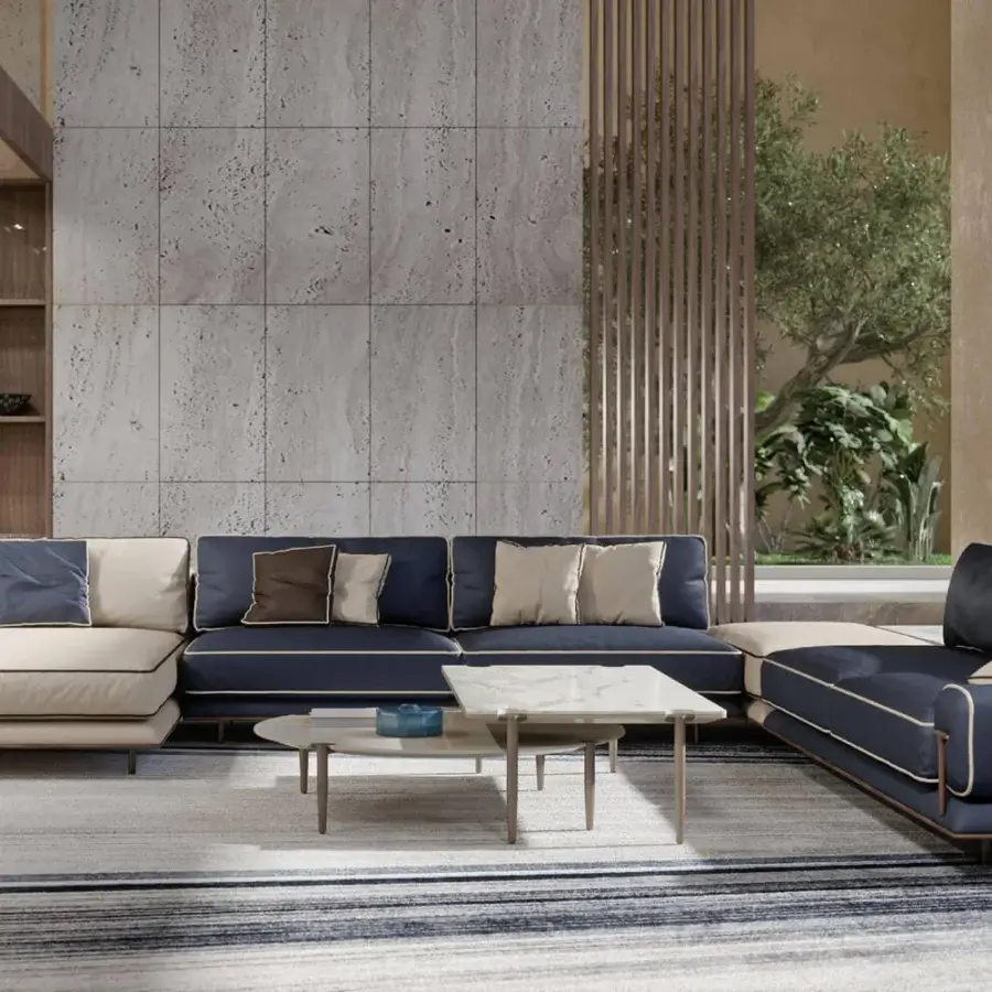 Superior Turri Blues sectional with dark blue textile, cream chaise, walnut wood base and lighter piping