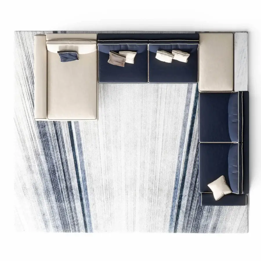 Exceptional Turri Blues sectional with walnut wood base, tubular metal legs and smooth beige with textured dark blue fabric upholstery