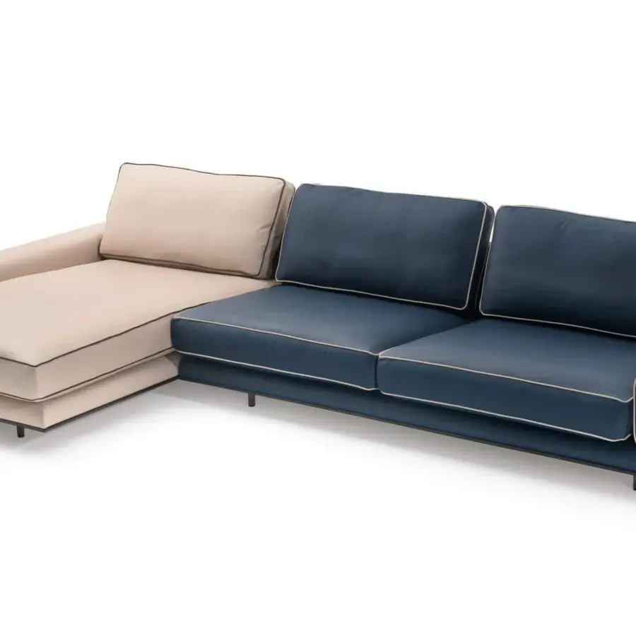 Sophisticated Turri Blues sectional with light beige and navy blue textiles, walnut wood base and tubular metal legs