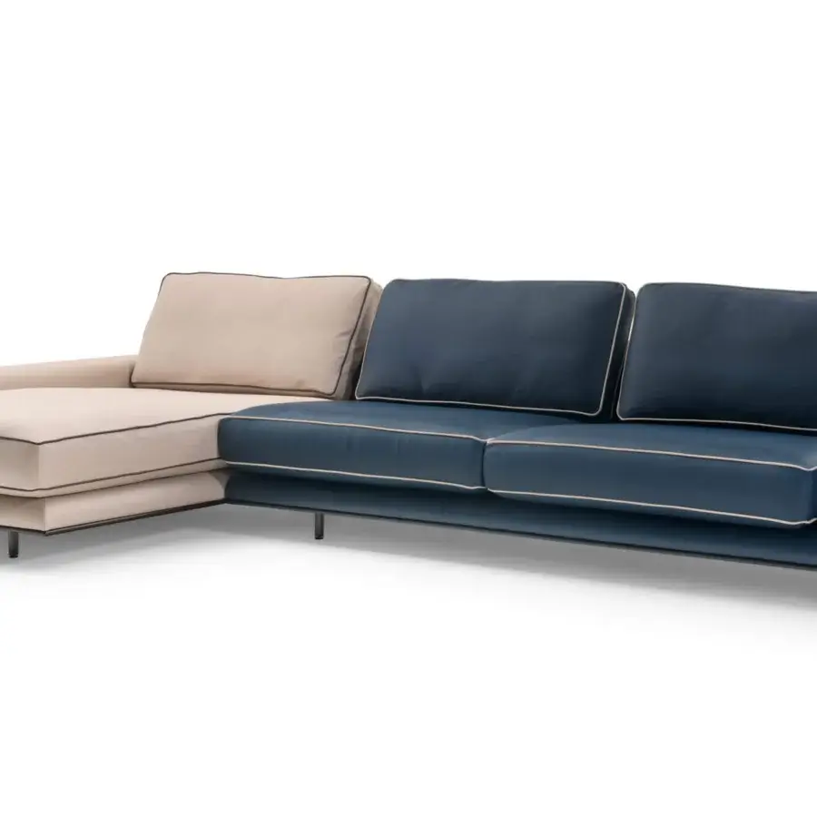 Exclusive Turri Blues sectional with light beige textile and dark blue synthetic material, built with walnut wood and dark metal legs