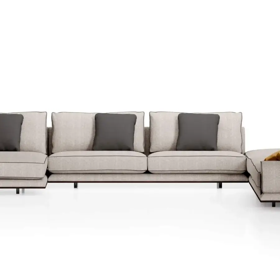 Exclusive Turri Blues sectional with light beige textile upholstery, dark brown piping, walnut wood base and metal legs