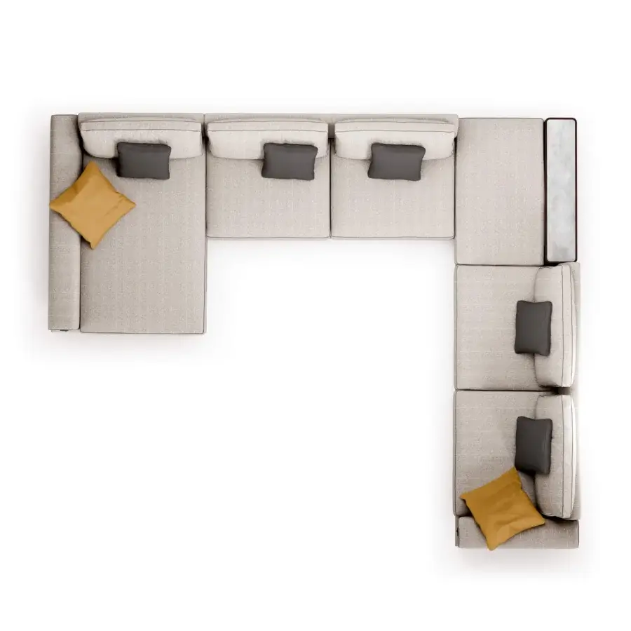 Superior Turri Blues sectional with geometric form, light grey textile upholstery, walnut wood base and tubular metal legs