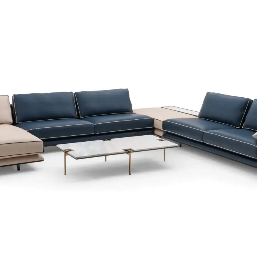 Distinguished Turri Blues sectional with walnut wood base, navy blue leather and light beige fabric upholstery with delicate piping
