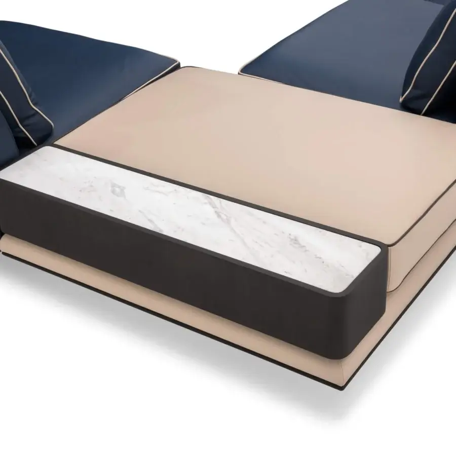Exceptional Turri Blues sectional in deep blue leather with integrated dark walnut wood and marble-like top