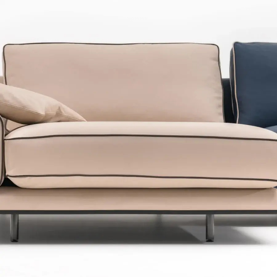 Distinguished Turri Blues sectional with light beige and dark blue textiles, dark trim, and a walnut wood base supported by slender metal legs