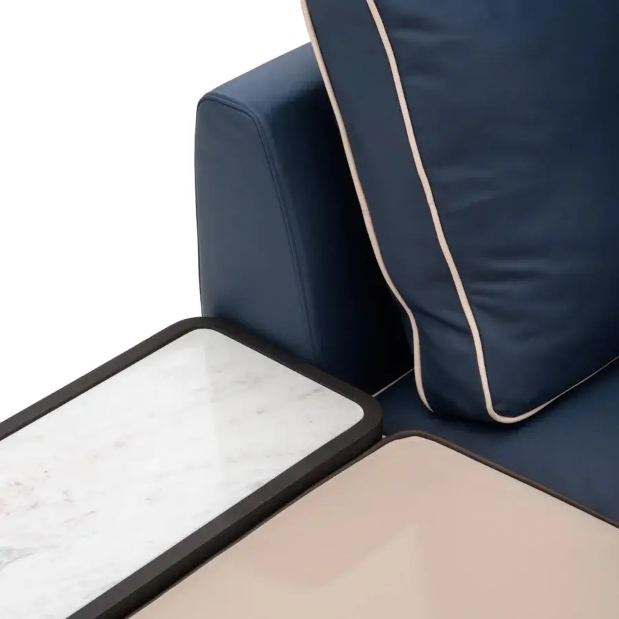 Exceptional Turri Blues sectional with glossy blue leather-like upholstery, black framed marble-patterned surfaces and linear walnut wood base