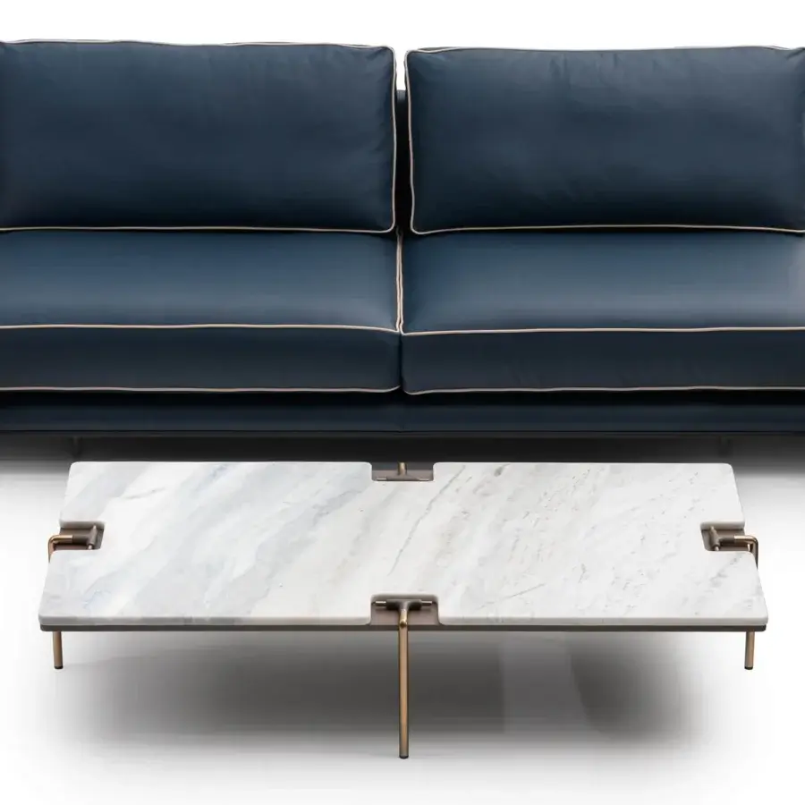 Elegant Turri Blues sectional with walnut wood base, tubular metal legs and dark blue smooth fabric upholstery with accent piping