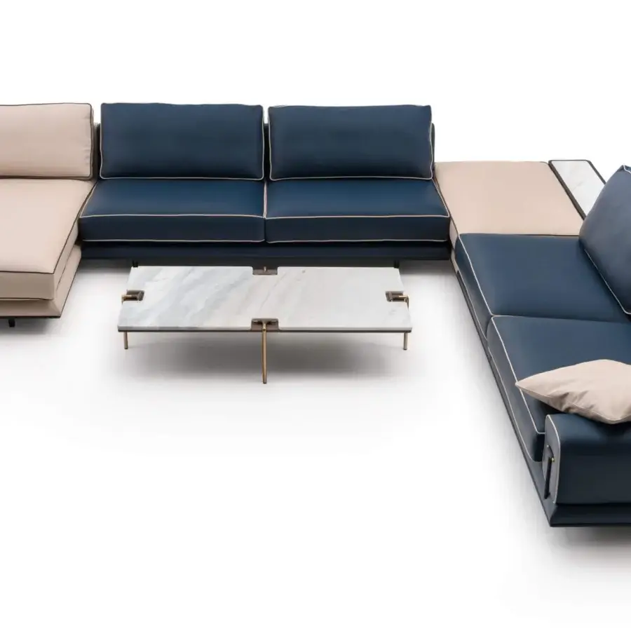 Distinguished Turri Blues sectional with two-tone textiles, white piping, walnut wood base and sleek tubular metal legs
