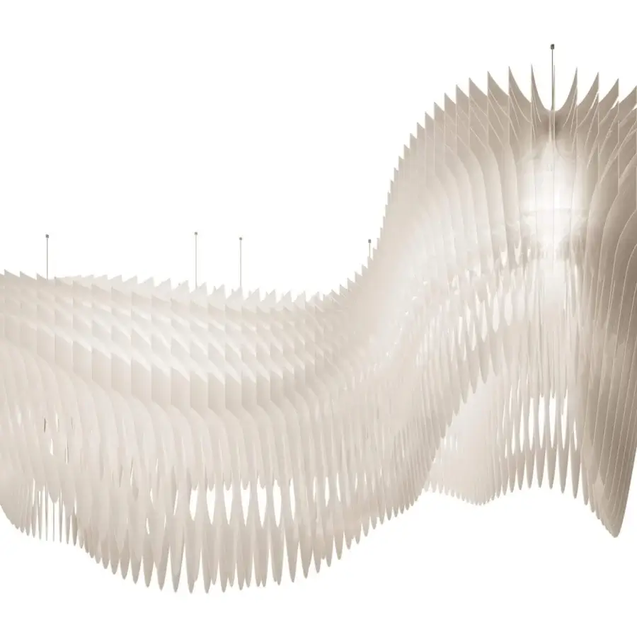 Captivating Slamp Aria Infinita suspension lamp with wide, undulating shades crafted from light beige Lentiflex® evoking visionary fluidity
