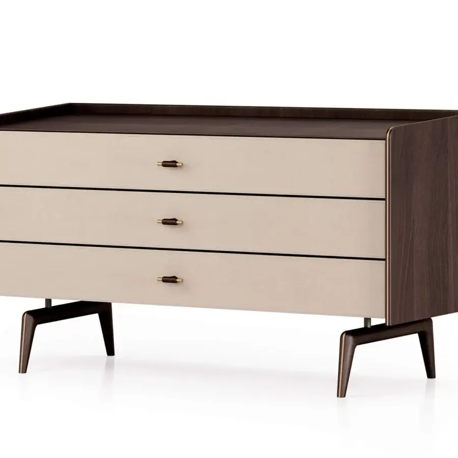 Exquisite Turri Blues dresser in walnut wood with beige drawers and cylindrical leather pulls, showcasing a dark brown stain