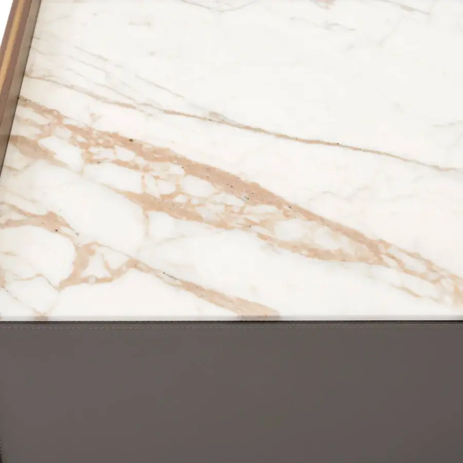 Luxury Turri Blues dresser with linear walnut wood, grey drawer fronts and a white marble top crafted in Italy