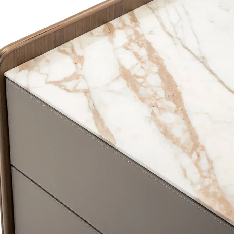 Distinguished Turri Blues dresser with walnut wood, gold metal accents and a marble top exhibiting tan veining