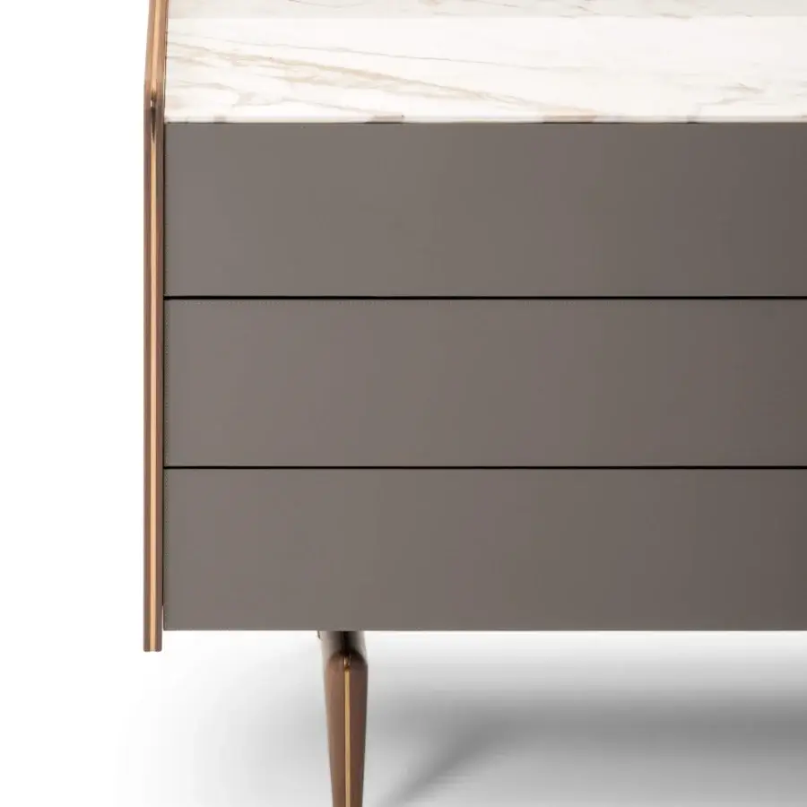 Exclusive Turri Blues dresser in walnut wood with light marble and gray stitched drawer fronts crafted in Italy