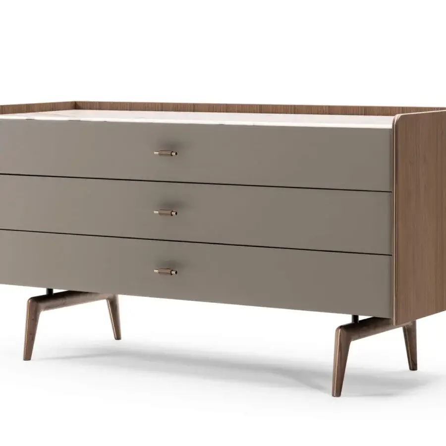 Elegant Turri Blues dresser in walnut wood with taupe drawers and cylindrical pulls, crafted with metal detailing and a light top surface