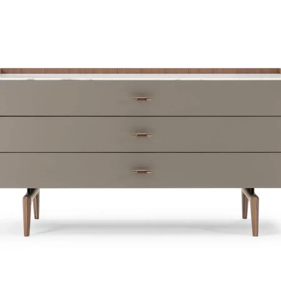Distinguished Turri Blues dresser crafted in walnut wood with glossy taupe drawers and light surface built with angled wood legs