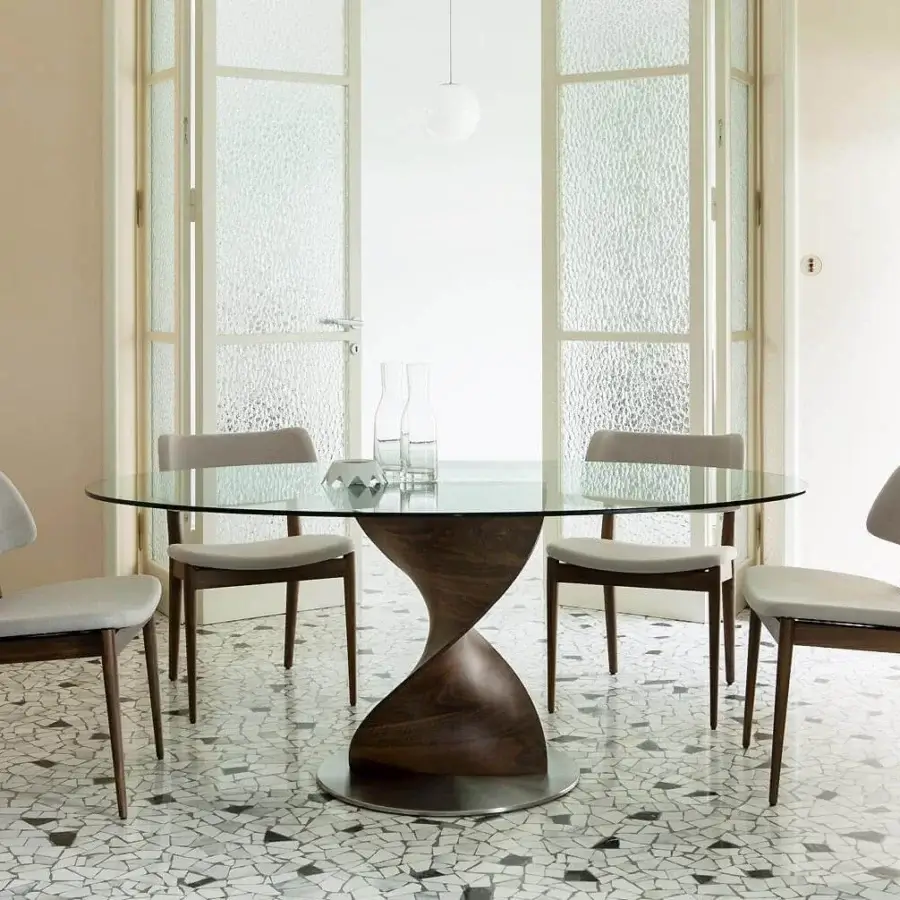 Elegant Porada Nissa chair with Canaletto walnut frame and light gray textile upholstery exhibiting a dark brown finish