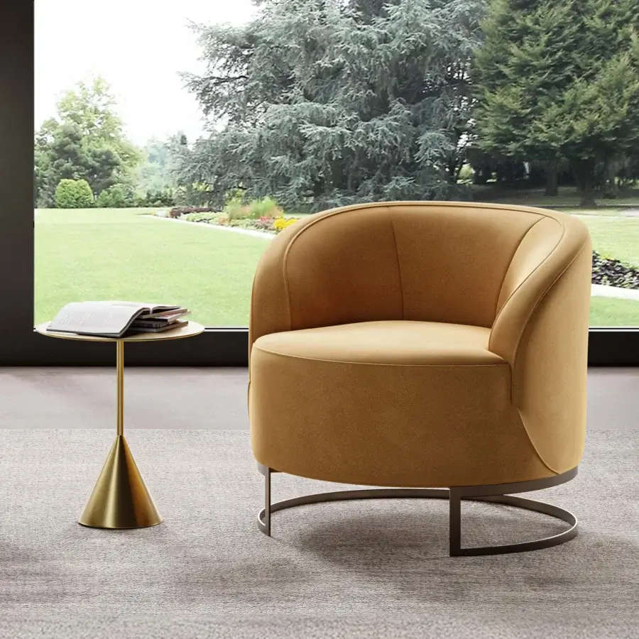 Exceptional Swan Italia Venus lounge chair upholstered in plush muted gold fabric with gros-grain piping and metal base