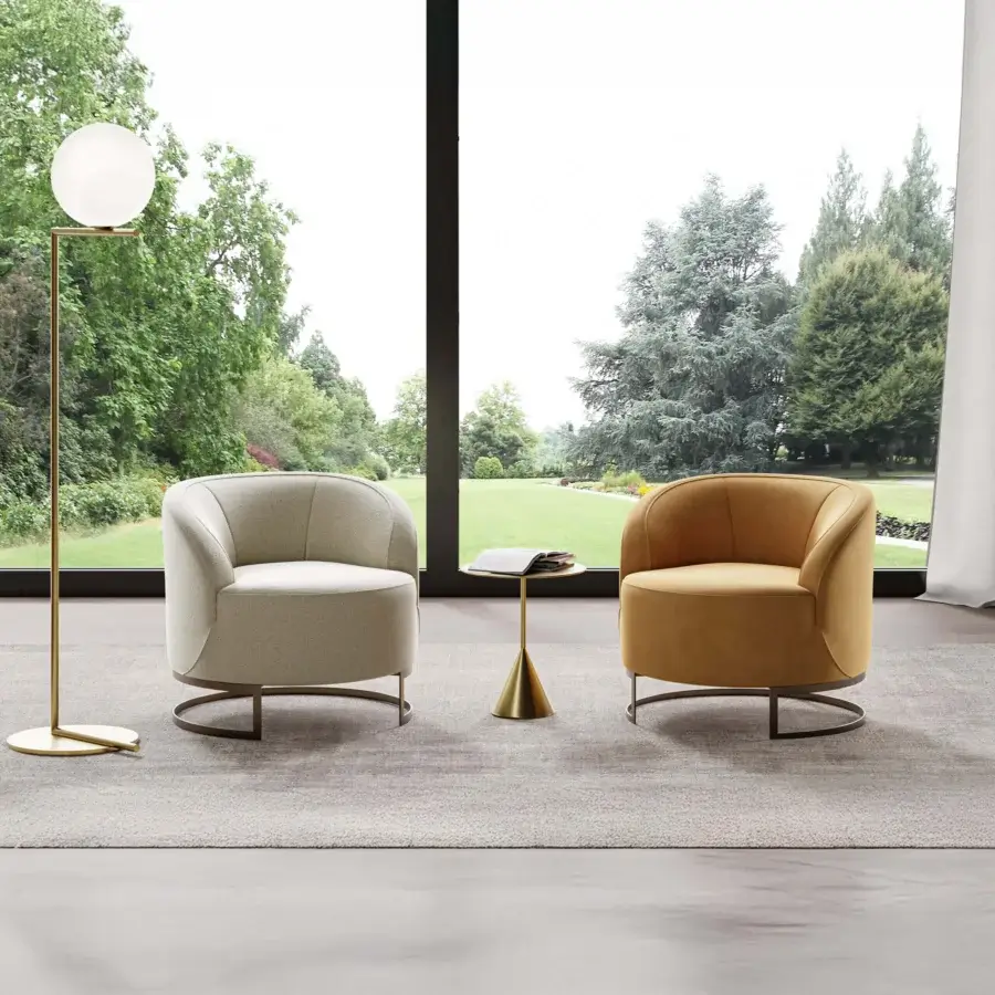 Superior Swan Italia Venus lounge chair with rounded light beige textile upholstery and supportive metal base crafted with gros-grain piping