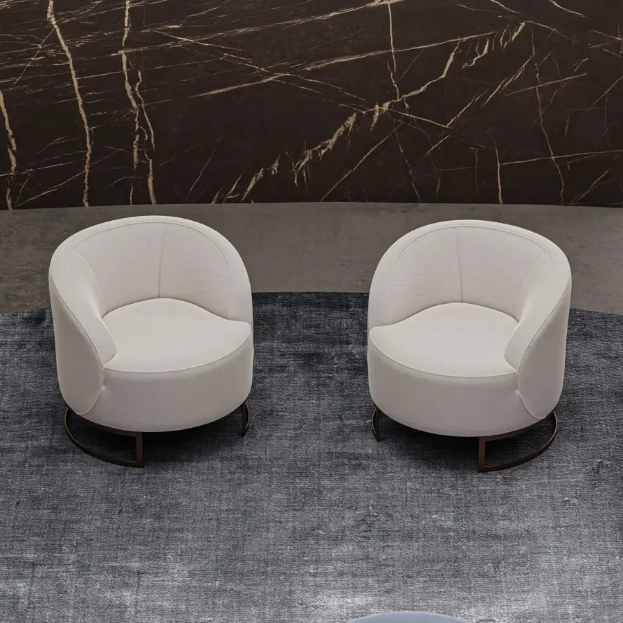 Elegant Swan Italia Venus lounge chair with dark-toned metal and light off-white woven textile upholstery showcasing meticulous Italian craftsmanship