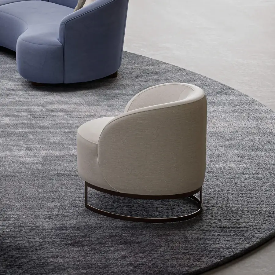 Exceptional Swan Italia Venus lounge chair in neutral beige fabric with dark metal base and gros-grain piping