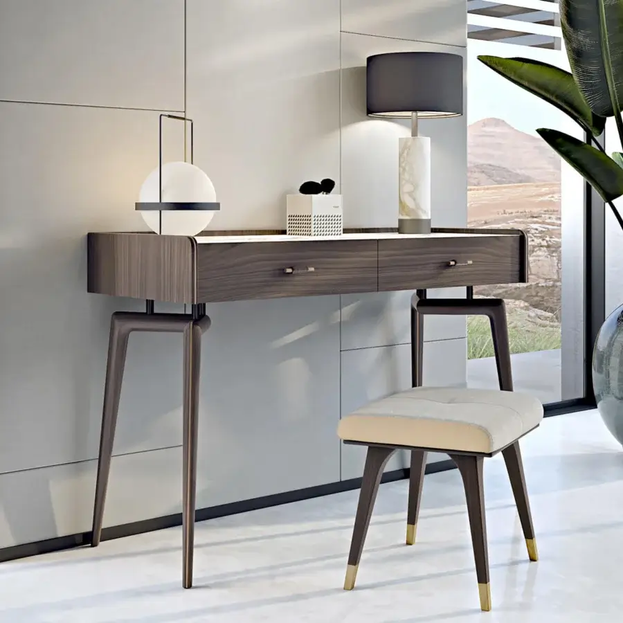 Distinguished Turri Blues vanity with walnut wood structure, light-colored top and T-shaped wood and metal details in dark brown finish