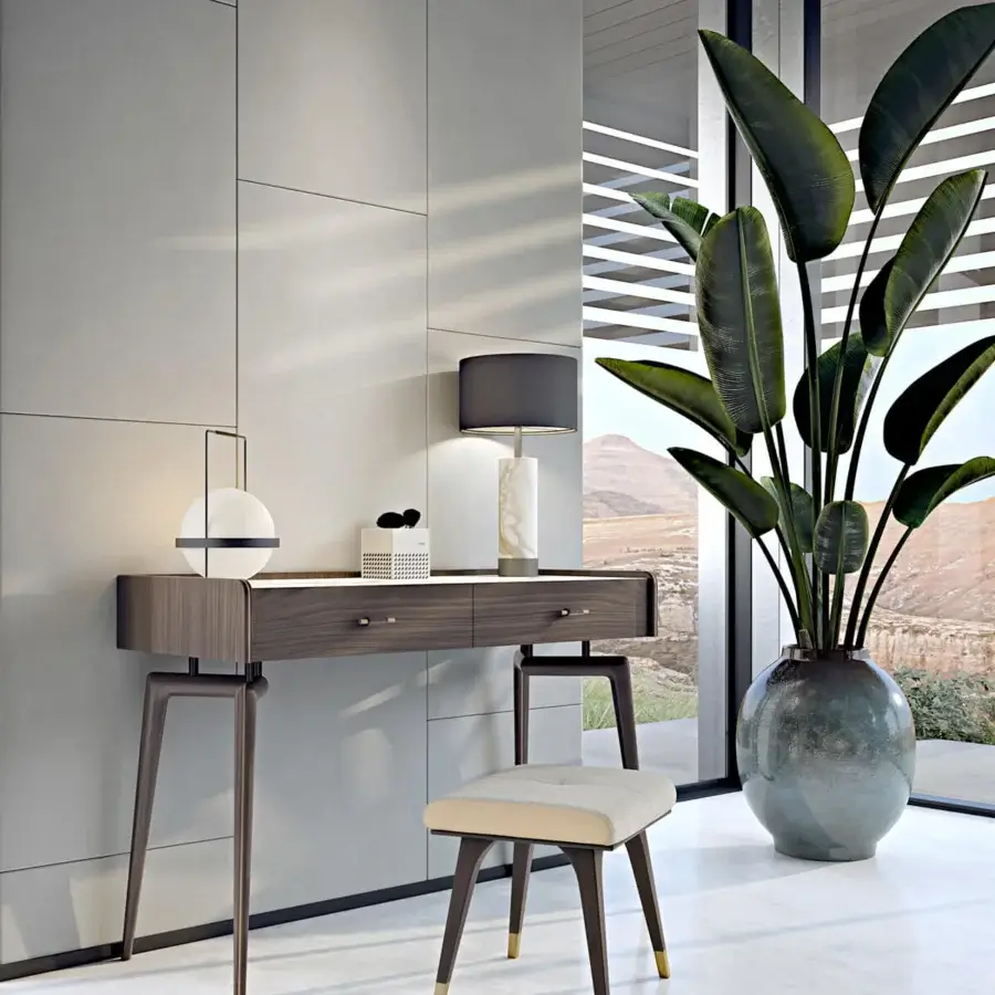 Elegant Turri Blues vanity with walnut wood structure, two drawers and metal handles, crafted in Italy with a matte finish