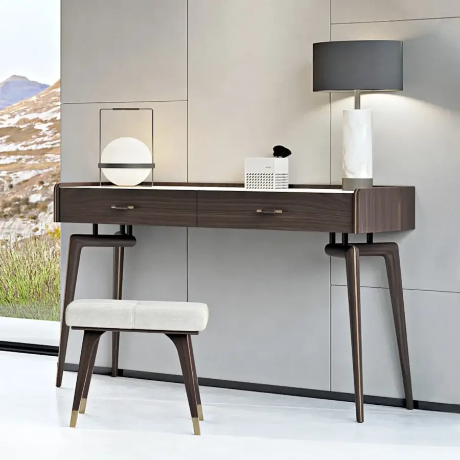 Distinguished Turri Blues vanity with walnut wood, light marble top and subtle rectangular drawer pulls