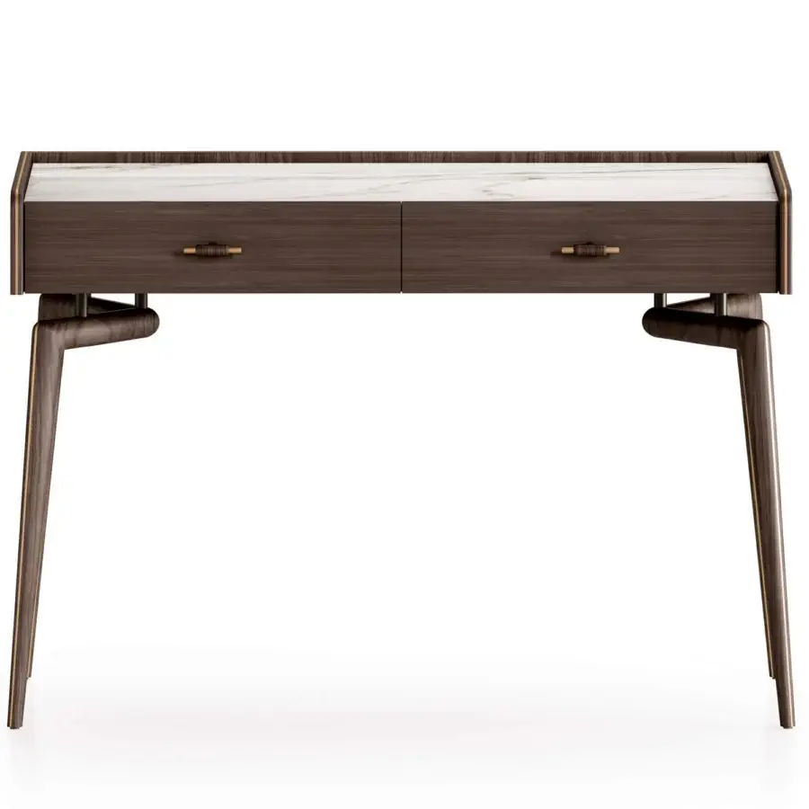 Exclusive Turri Blues vanity with walnut wood structure, dark wooden drawers and white marble-like tabletop