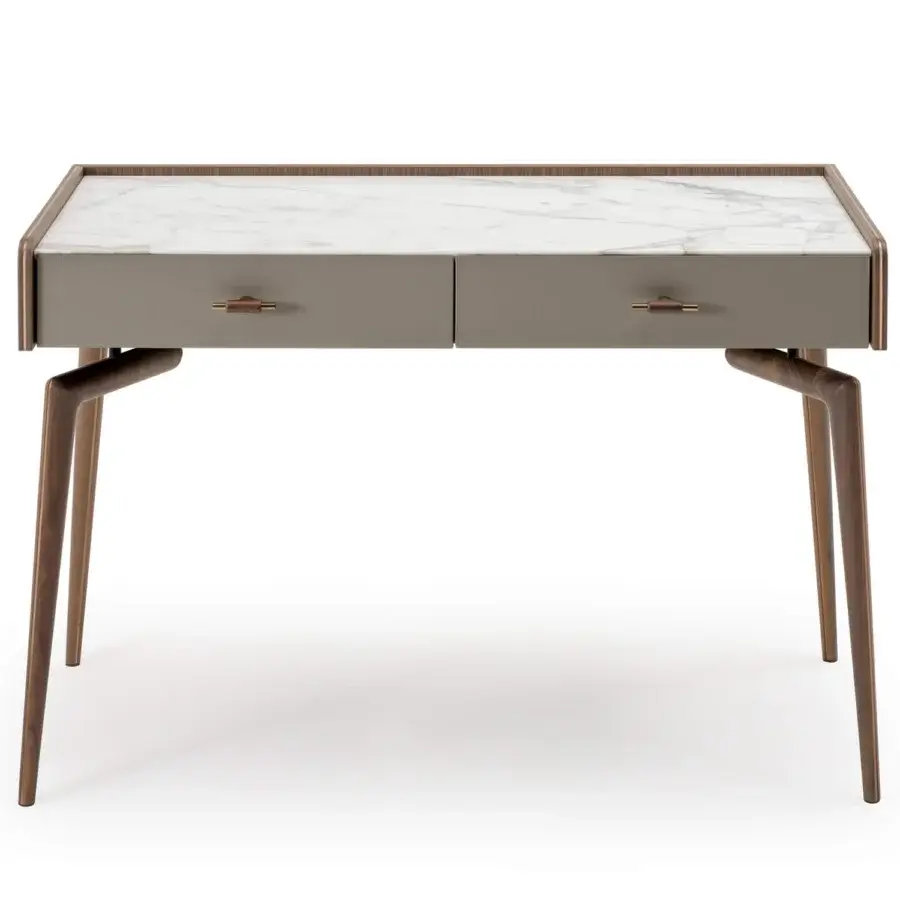 Elegant Turri Blues vanity with walnut wood structure, white marble top and solid wood metal accents