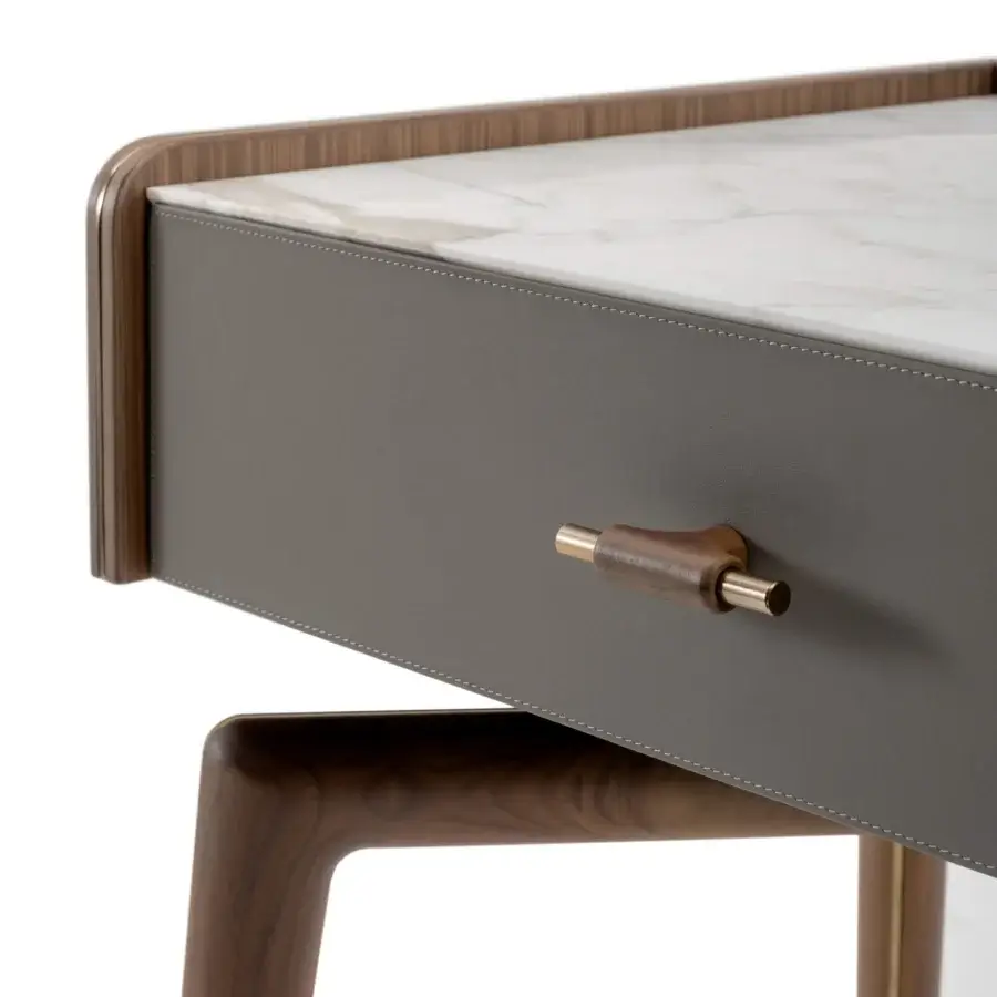Exquisite Turri Blues vanity crafted with walnut wood, marble and gray leather, showcasing refined stitching and metal accents