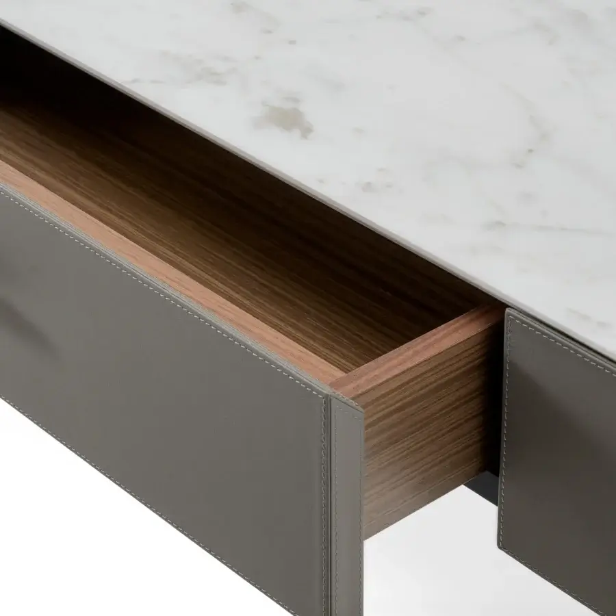 Luxury Turri Blues vanity with white marble top, gray leather drawer and walnut wood structure crafted with T-shaped metal accents