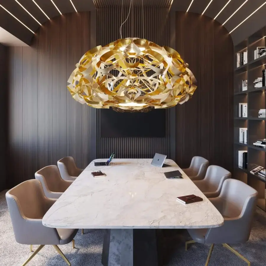 Exceptional Slamp Quantica suspension lamp with interlocking Opalflex® elements and cold-applied gold foil finish