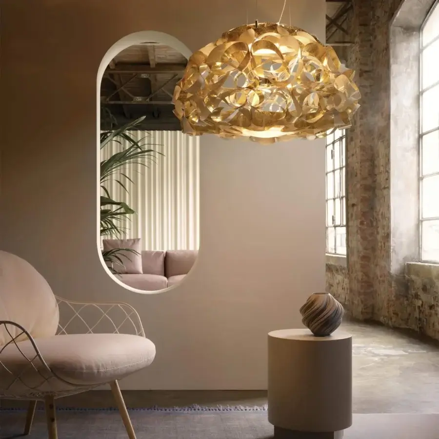 Exclusive Slamp Quantica suspension lamp in golden textile effect Opalflex technopolymer with unique gold foil finish