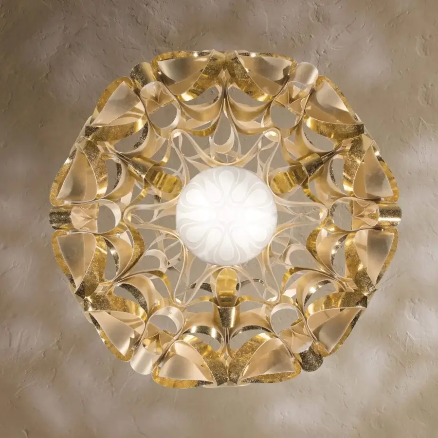 Distinguished Slamp Quantica suspension lamp with floral form crafted in golden textile effect Opalflex technopolymer