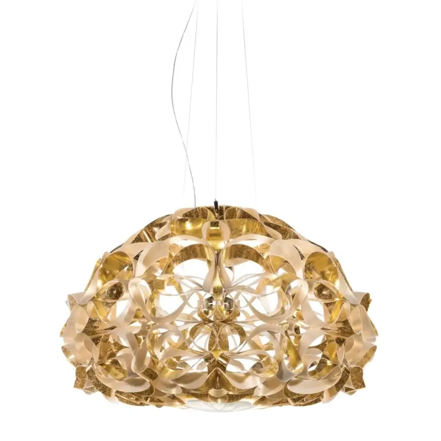 Superior Slamp Quantica suspension lamp with interwoven Opalflex ribbons and handcrafted golden textile finish