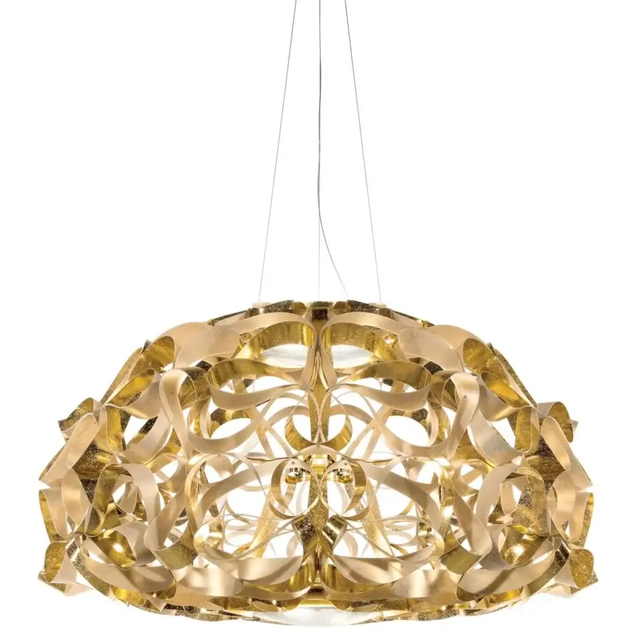 Elegant Slamp Quantica suspension lamp with interwoven Opalflex and handcrafted gold textile effect creating a glossy sculpture