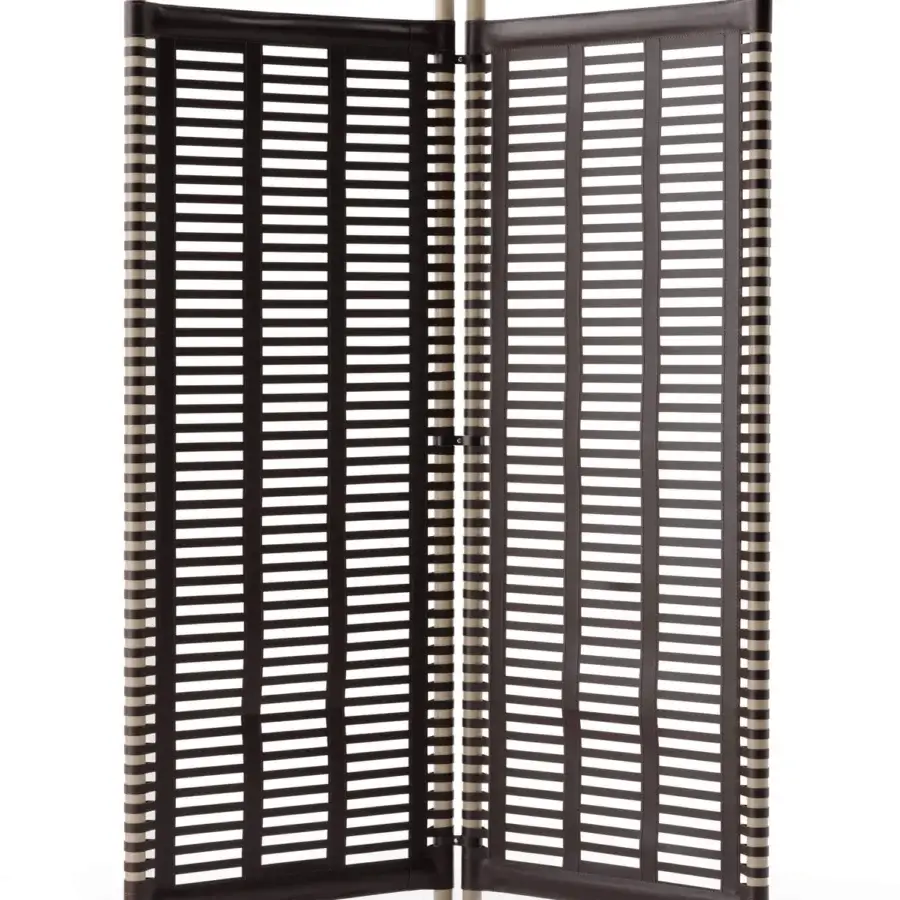 Superior Turri Blues room divider with hinged panels and dark brown horizontal slats within a light wood frame