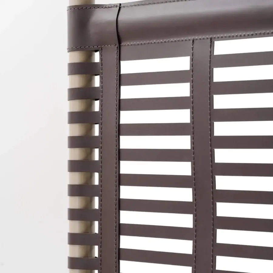 Exceptional Turri Blues room divider with light tan synthetic slats framed in brown leather-like material and contrasting stitching