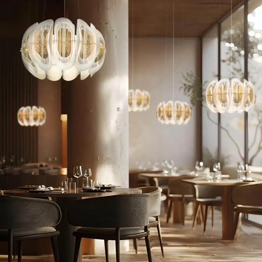 Superior Slamp Fiordlys suspension lamp with layered white shades and gold-toned textured interior crafted from Opalflex® and Lentiflex®